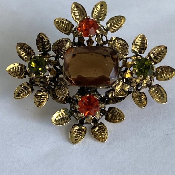 Vintage AMBER Peridot Red Rhinestone Pin Brooch Gold Tone Made AUSTRIA 1.5” - Picture 8 of 12